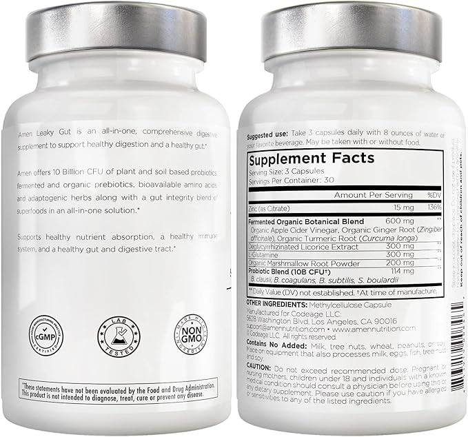 Amen Leaky Gut Supplement - Advanced Formula with Bioavailable L Glutamine, Zinc, Turmeric, DGL Licorice Root - Marshmallow Root - Probiotics & Fermented Prebiotics - Vegan, Non-GMO - 2-Pack
