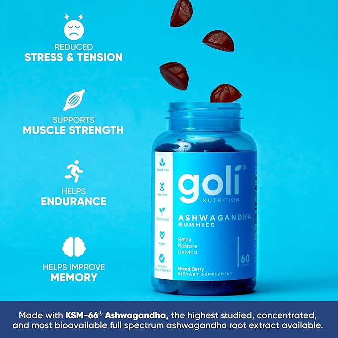 Goli Ashwagandha & Vitamin D Gummy 120 Count - Relax. Restore. Unwind. (Mixed Berry, KSM-66, Vegan, Plant Based, Non-GMO, Gluten-Free & Gelatin Free), Pack of 2