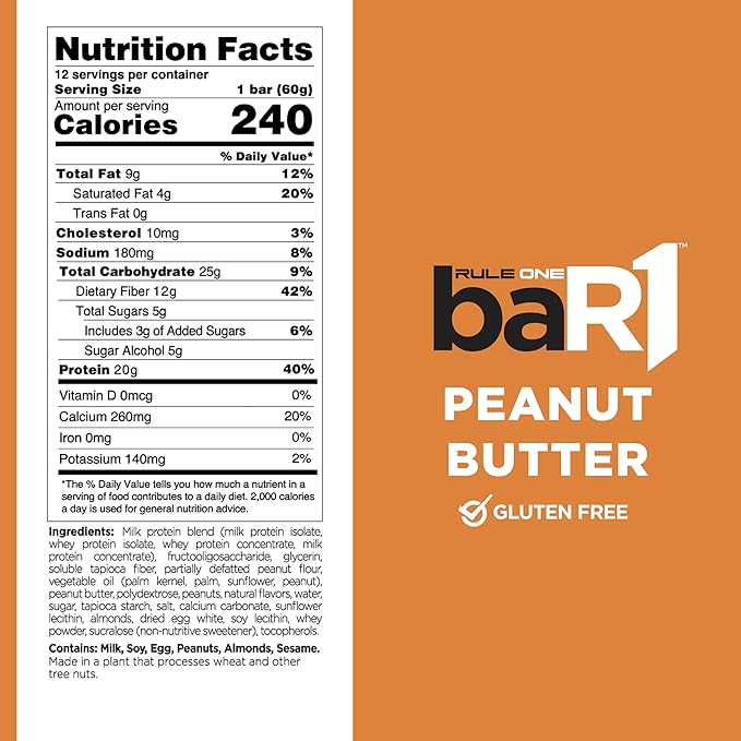 Rule 1 baR1 Crunch Bar - On-The-Go Convenient Protein Snack Bars with 20g Premium Protein, Naturally-Packed with EAAs/BCAAs, Hunger-Filling Fiber (12 Count Box, Peanut Butter)