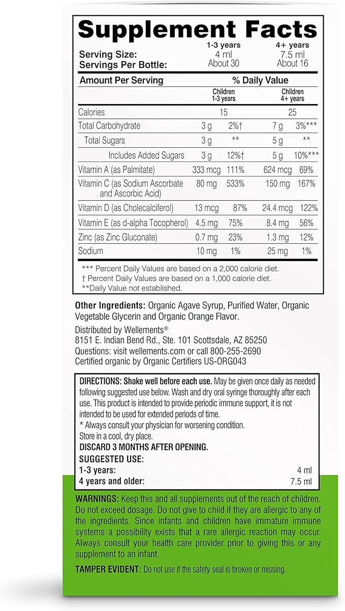 Wellements Organic Children’s Immune Support Syrup | Immune System Support* for Kids w/Vitamin C & Zinc, USDA Organic, Free from Dyes, Parabens & Top 9 Most Common Allergens | Orange Flavor, 4 fl oz