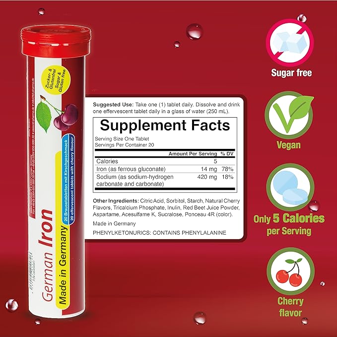 German Iron 14 mg - 100 Vegan Drink Effervescent Tablets - Cherry Flavor - Made in Germany