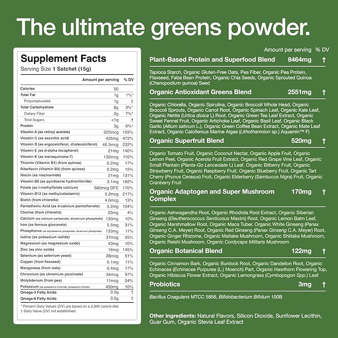 Huel Daily Greens Single Serve | Superfood Greens Powder | 91 Vitamins, Minerals, and Wholefood-Sourced Ingredients | Adaptogens, Antioxidants, Gut-Friendly Probiotics | 12 Pack…