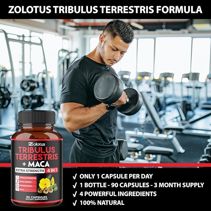 Zolotus Premium Tribulus Terrestris Capsules - Combined with Ashwagandha, Panax Ginseng & Maca - Boost Energy, Mood, Stamina & Immune - 90 Counts for 3 Months
