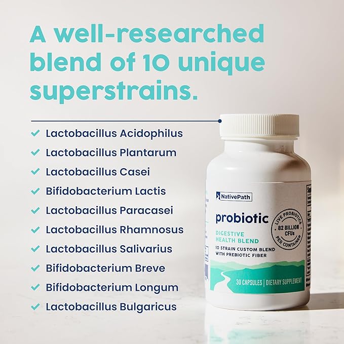 NativePath Daily Probiotic, 10-Strain Custom Blend Probiotics Supplement for Men and Women, 82 Billion CFUs - 30 Count