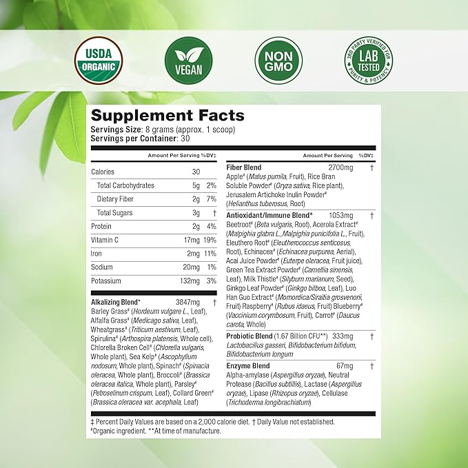 Super Greens Daily Greens Superfood Powder - Certified USDA Organic Green Powder w/20+ Whole Foods, Spirulina Powder, Wheat & Barley Grass - Probiotics, Fiber & Enzymes - Original Flavour, 30 Servings