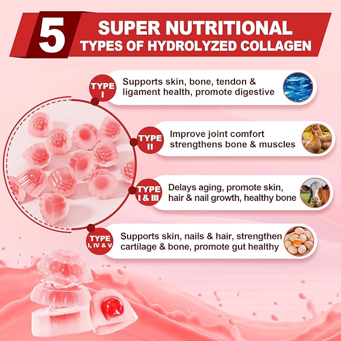 Sugar-Free Hydrolyzed Collagen Peptide Filled Gummies,Extra Strength 1500mg Protein Type I,II,III,V,X with 5000mcg Biotin Vitamin C A E D3 B6 B12 for Immune Digestion Skin Hair Nails Energy Bone Joint