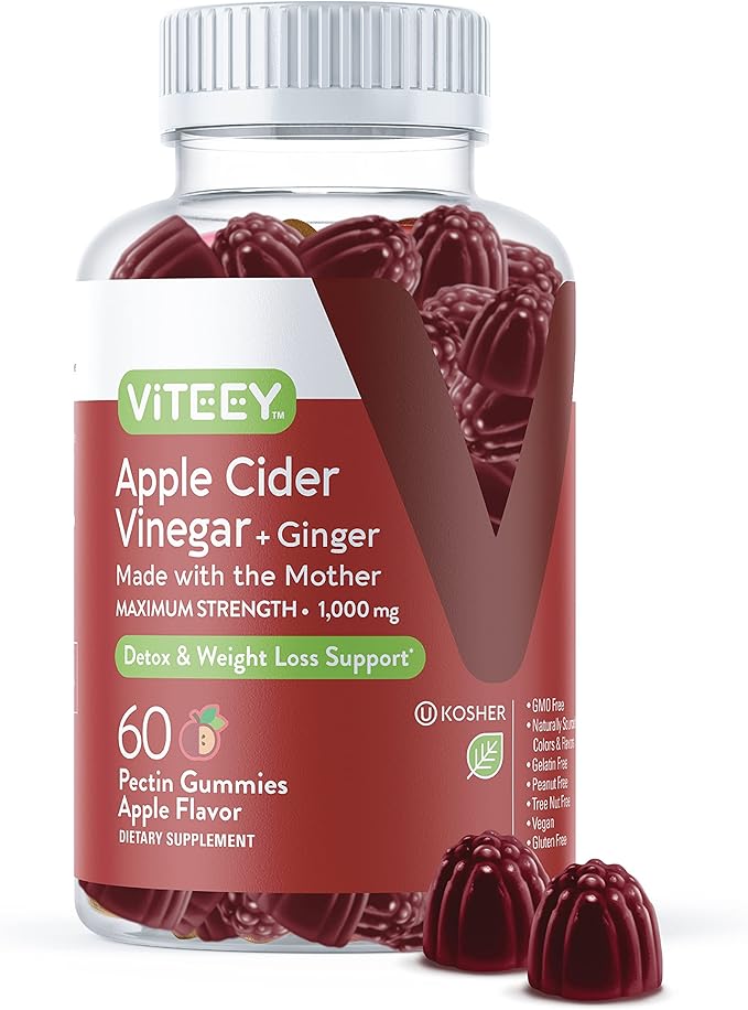 Apple Cider Vinegar Gummies 1,000mg Plus Ginger, ACV with The Mother, Detox Cleanse for Weight Loss and Immune Support, Vegan, Gluten Free, Gelatin Free, GMO Free - Chewable Apple Flavored Gummy