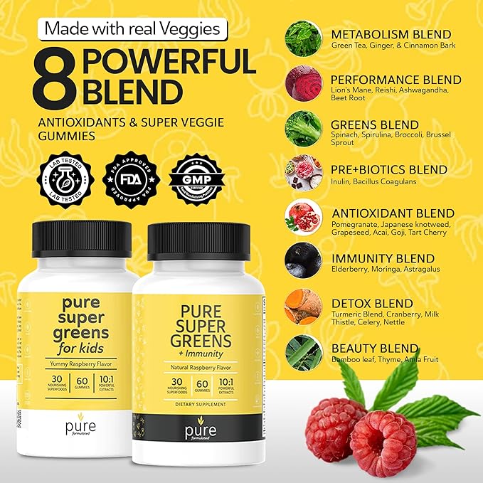 Super Greens Multivitamin Gummies for Kids - Immune Support & Digestive Health - Daily Fiber Probiotic Supplement - Fruit & Veggie Chewable Gummy - Raspberry Flavor - 60-Day Supply