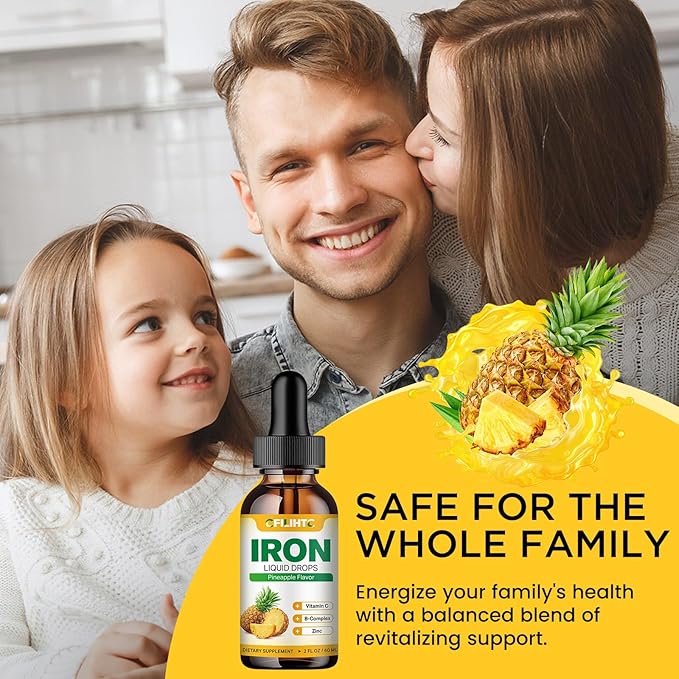 Liquid Iron Supplement for Women Men & Kids Multivitamin Iron Drops with Folate, Vitamin C, B6, B12, Zinc for Anemia, Iron Deficiency, Blood Builder, Energy - Natural Pineapple Flavor, Vegan 4 Fl Oz