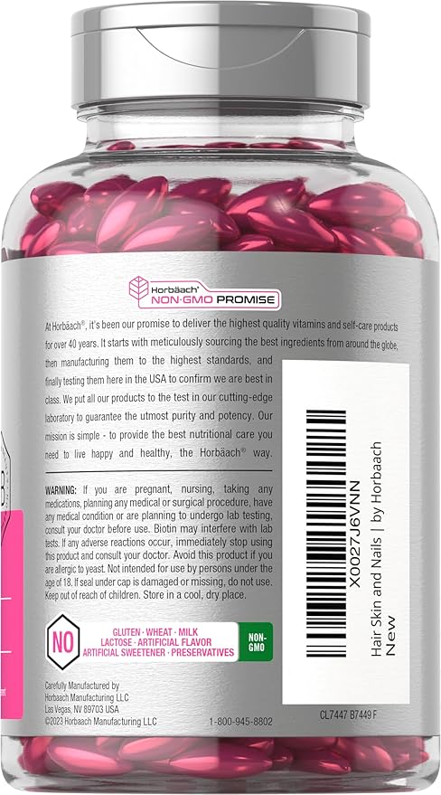 Horbäach Hair Skin and Nails Vitamins | 300 Softgels | with Biotin and Collagen | Infused with Argan Oil and Coconut Oil | Non-GMO, Gluten Free Supplement