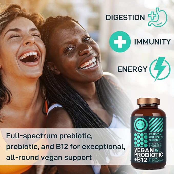 Vegan Probiotic Plus B12-22 Billion CFU Synbiotics Probiotics & Prebiotic for IBS, Digestive & Gut Health, Mood Support - B12 with FOS Pre Pro Post Biotics for Women & Men - 60 Gluten-Free Capsules