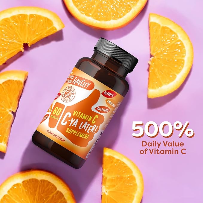 FlavCity Vitamin C Supplement, C-Ya Later- Dietary Supplement for Immune Support Derived from Bioavailable Sources of VIT C - Made with Acerola, Camu Camu & Amla Berry - 60 Capsules