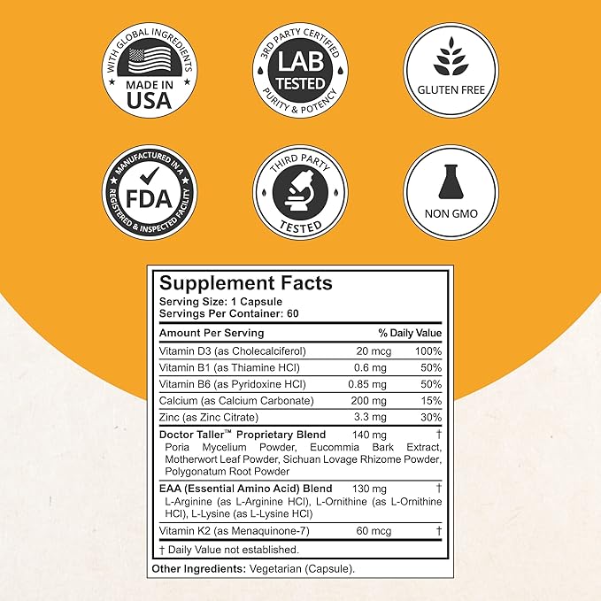 NuBest Doctor Taller - Bone Strength Supports, Enhance Immune System - Keto with Calcium, Vitamin D3, Vitamin K2, Amino Acids & Herbs for Children (8+) - 60 Vegan Capsules | 1 Month Supply