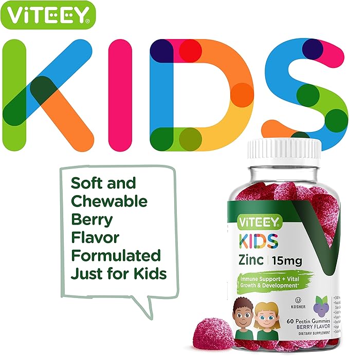 Zinc for Kids Gummies, 15mg - Immune Support for Kids & Teens - Powerful Natural Antioxidant, Kids Zinc Vitamin Supplement - Vegan, Gelatin Free, Gluten Free - Tasty Chewable Berry Flavor Gummy