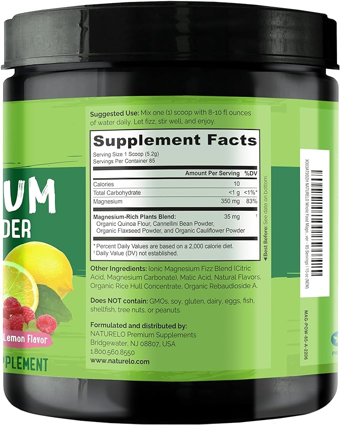NATURELO Magnesium Powder - Whole Food Calm Magnesium Powder with Quinoa, Cauliflower, & Flaxseed for Stress Relief, Raspberry Lemon 85 Servings, 15oz