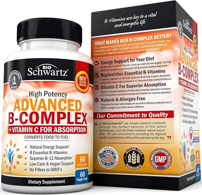 Vitamin B Complex with Vitamin C for Maximum Absorption - Methylcobalamin b12 & Folate Folic Acid Supplement - Vitamins B1 B2 B3 B5 B6 B7 B9 for Immune Energy & Nervous System Support - Non-GMO -60ct