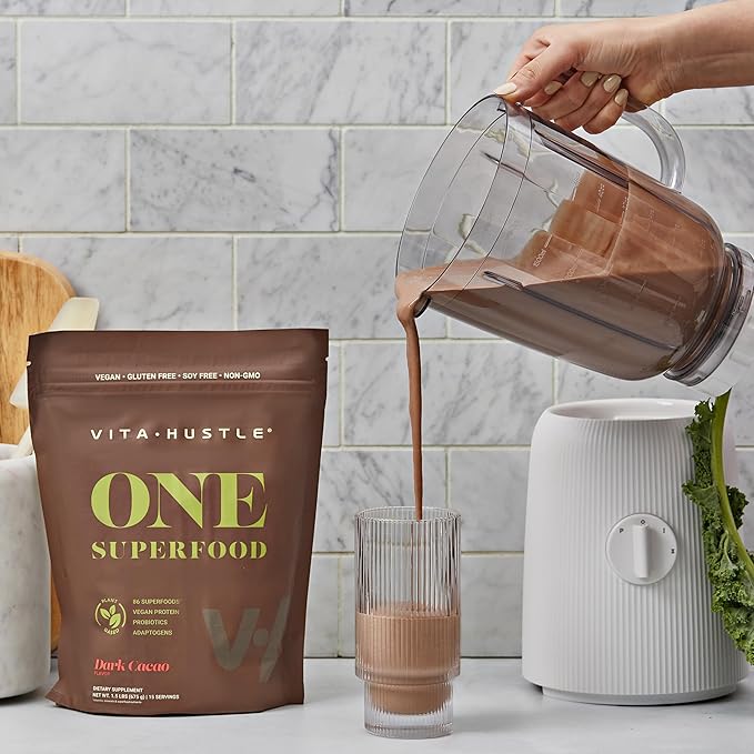 VitaHustle ONE Superfood Protein All-in-One Nutrition Shake, 20g Chocolate Plant Protein, 86 Superfoods, Vitamins, & Minerals, Ashwagandha, Adaptogens, Meal Replacement, 15 Servings