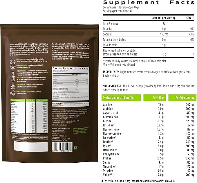 100% Grass Fed Bovine Collagen Protein Powder, Collagen Types 1, 2 & 3, Advanced Hydrolyzed Collagen Peptides, Non-GMO, Free Range, Gluten & Dairy Free, Easy Mix, 4 x 40 Servings, Pure & Essential