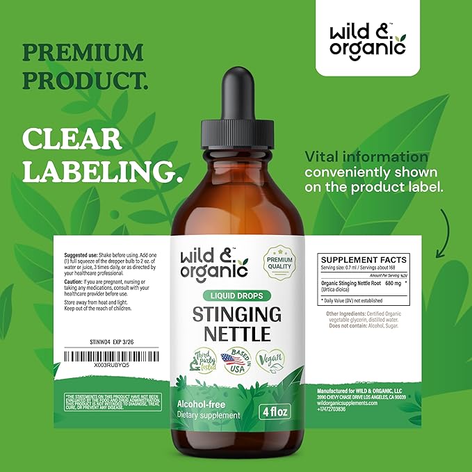 Wild & Organic Stinging Nettle Tincture - Stinging Nettle Root Extract Drops - Nettle Root Herb Tincture - Vegan, Alcohol Free Supplement - 4 fl oz