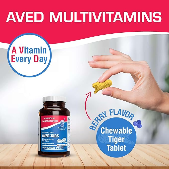 Vitamins for Kids Multivitamin with Iron - 60 Chewable Tiger Tablets with Vitamins A, B-Complex, C, D, E, Iron, Calcium, Magnesium, Zinc, and More - Natural Berry Flavor - AVED Kids