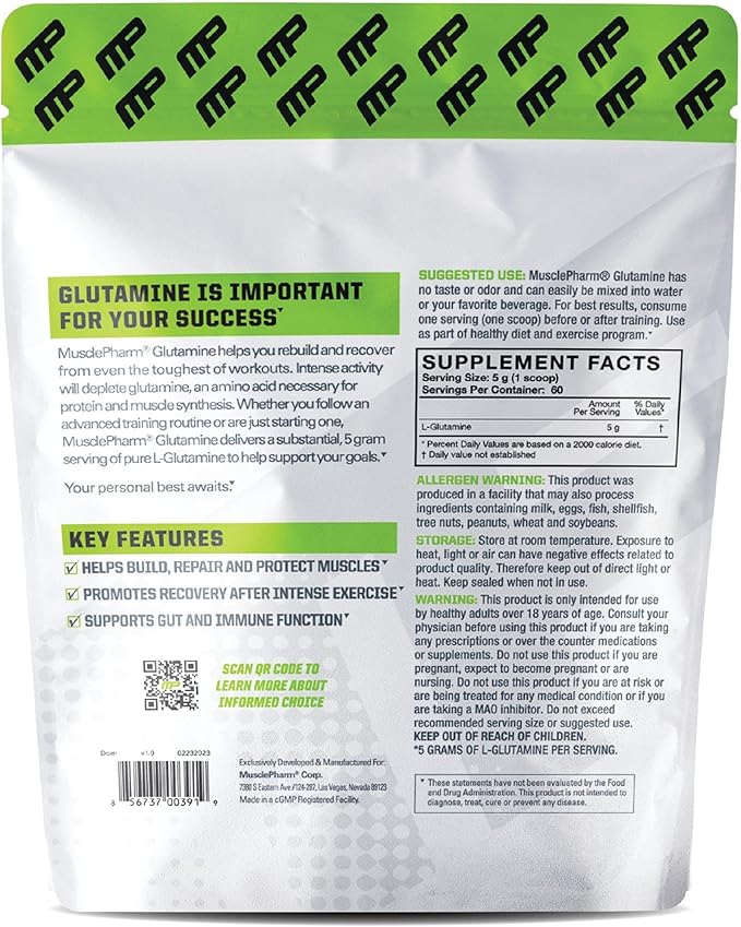 MusclePharm Essentials Glutamine, Pure L-Glutamine Powder Supplement for Post Workout Muscle Recovery, Energy & Gut Health, 5g L Glutamine Powder per Serving, Gluten-Free, Unflavored, 60 Servings