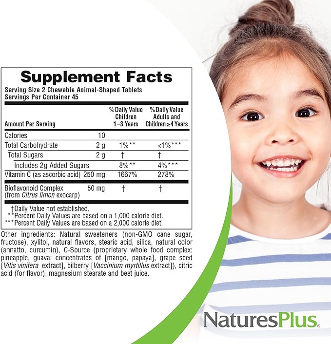 NaturesPlus Animal Parade Vitamin C Children's Chewable - Natural Orange Juice Flavor - 90 Animal-Shaped Tablets, Pack of 4 - Vegan, Vegetarian, Gluten Free - 180 Total Servings