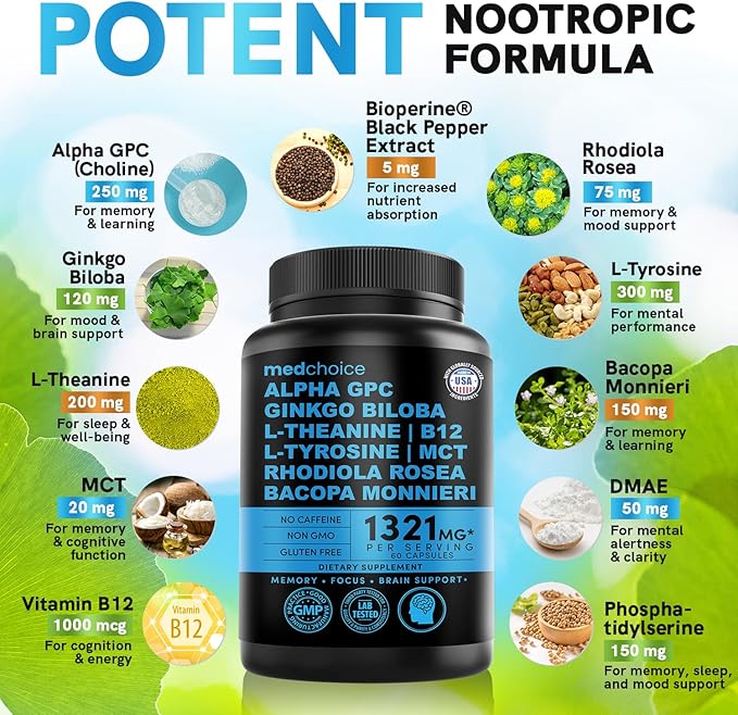 11-in-1 Nootropic Brain Supplements: Memory & Focus Supplement with Ginkgo Biloba, L Theanine, Bioperine, & Alpha GPC Choline - 1321mg, 60ct - Stimulant Free, Vegan - Focus Brain Support (1 pack)