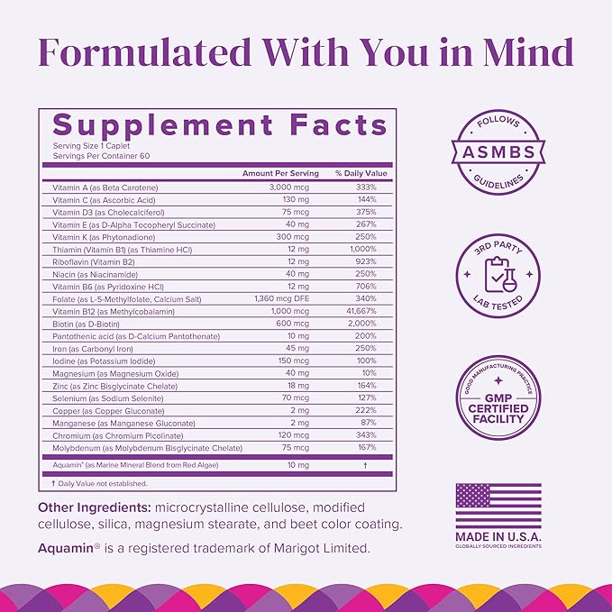 BariMelts Once Daily Bariatric Multivitamin with Iron - 60 Easy-Swallow Caplets (2-Month Supply) - Multivitamin for Women, Multimineral Complex, Supports Nutrition After Bariatric Surgery