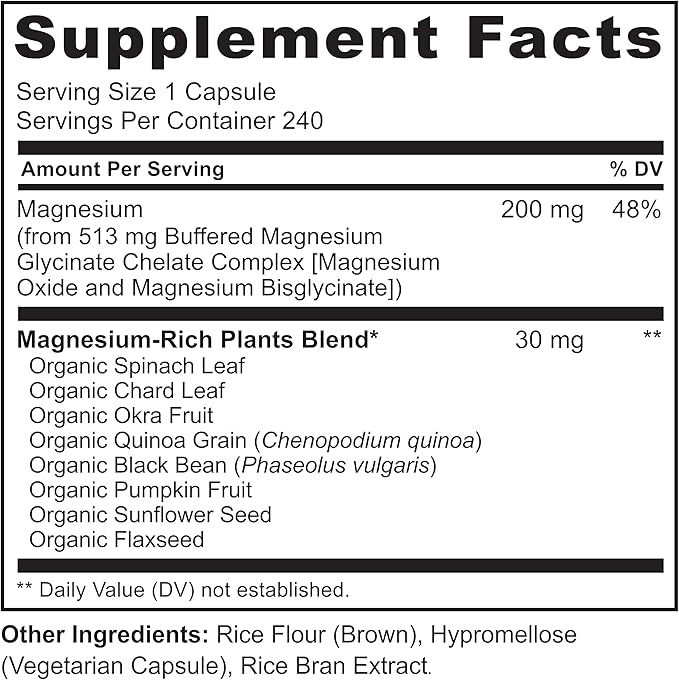 NATURELO Magnesium Glycinate Supplement - 200 mg Glycinate Chelate with Organic Vegetables to Support Sleep, Calm, Muscle Cramp & Stress Relief – Gluten Free, Non GMO - 240 Capsules
