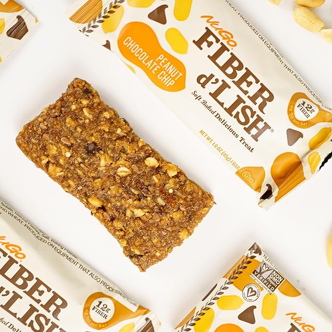 NuGo Fiber D'lish Variety Chocolate Brownie & Peanut Chocolate Chip, 12g High Fiber, Vegan, 5 Bars Each, 10 Count