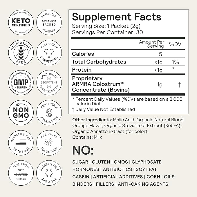 ARMRA Colostrum™ Premium Powder, Grass Fed, Gut Health Bloating Immunity Skin & Hair, Contains 400+ Bioactive Nutrients, Potent Bioavailable, Keto, Gluten & Fat Free (Blood Orange | 60 Servings)