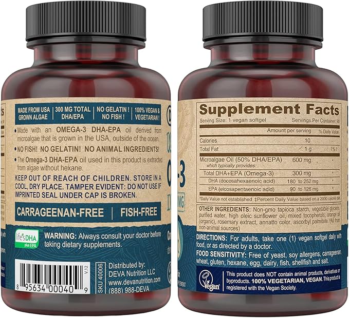 DEVA Vegan Omega-3 DHA EPA Supplement Once-Per-Day Softgel 300 MG - Carrageenan Gelatin & Gluten Free - Non-Fish Algae Oil Fatty Acids - 90 Softgels
