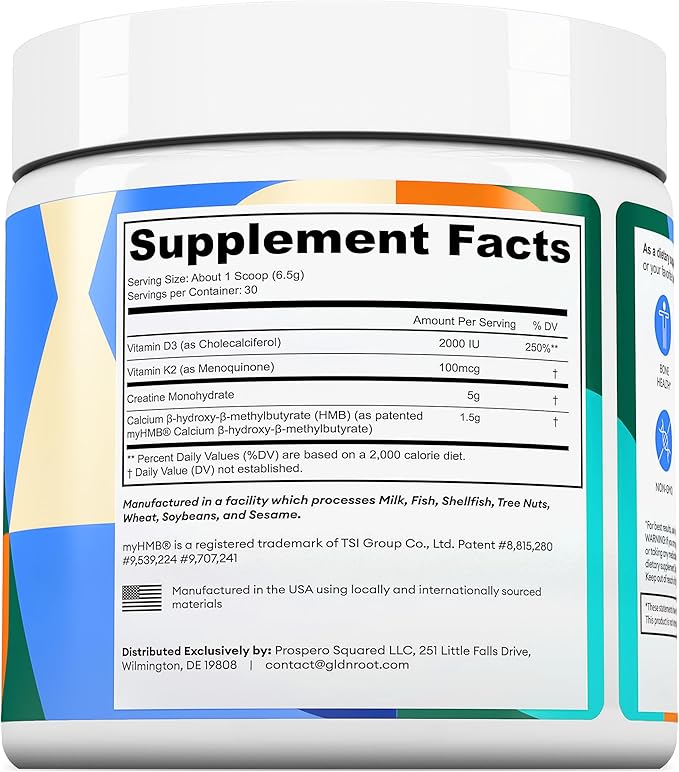 GLDN Creatine - Creatine Monohydrate with HMB for sustained Muscle Support and Recovery with Vitamin D3 and K2 for Bone and Joint Health - Unflavored - 30 Servings