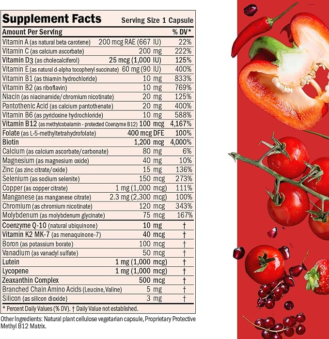 ANDREW LESSMAN Essential-1 Multivitamin 1000 IU Vitamin D3 360 Small Capsules – 100 mcg Methyl B12. CoQ10 Lutein Lycopene Zeaxanthin. High Potency. No Additives. Gentle Ultra-Mild. One Daily Capsule