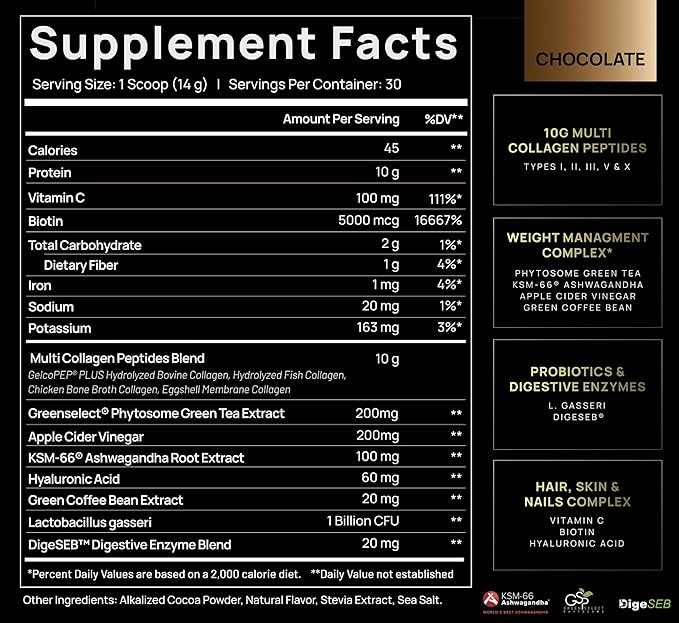 ELMNT Premium Chocolate Collagen for Women Weight Loss & Beauty w. Probiotics, ACV, KSM66, Hyaluronic Acid, Biotin & Patented Multi Collagen Peptides Protein Powder - Colageno Hidrolizado for Women