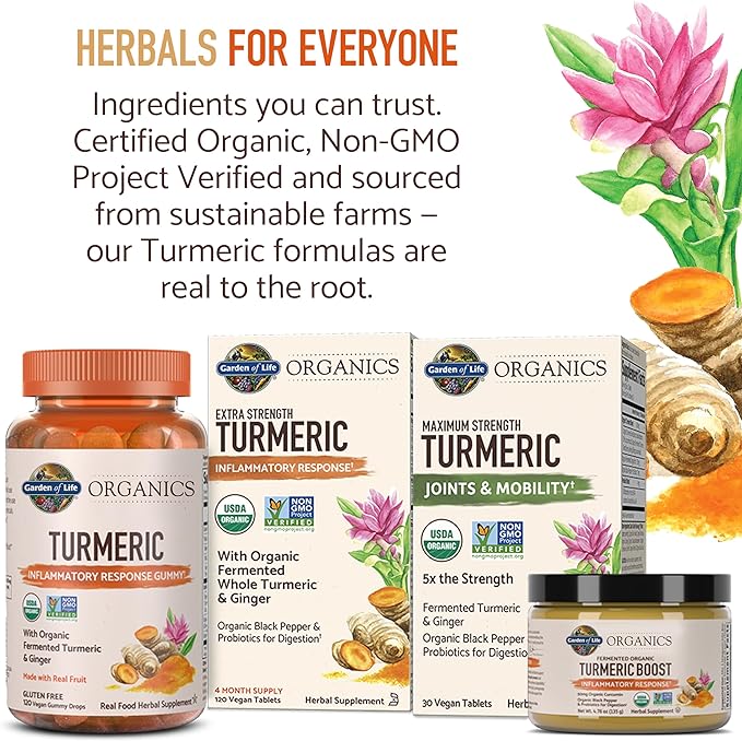 Garden of Life Organics Turmeric Inflammatory Response Gummy - 120 Real Fruit Gummies for Kids & Adults, 50Mg Curcumin (95% Curcuminoids), No Added Sugar, Organic, Non-GMO, Vegan & Gluten Free