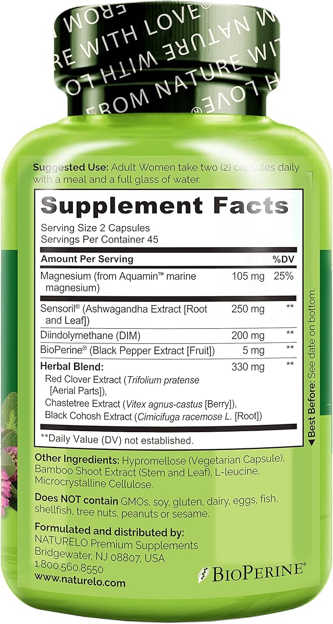 NATURELO Menopause Supplements for Women, Herbal Blend with Black Cohosh for Menopause Hot Flashes Advanced Multi-Symptom Formula 90 Capsules