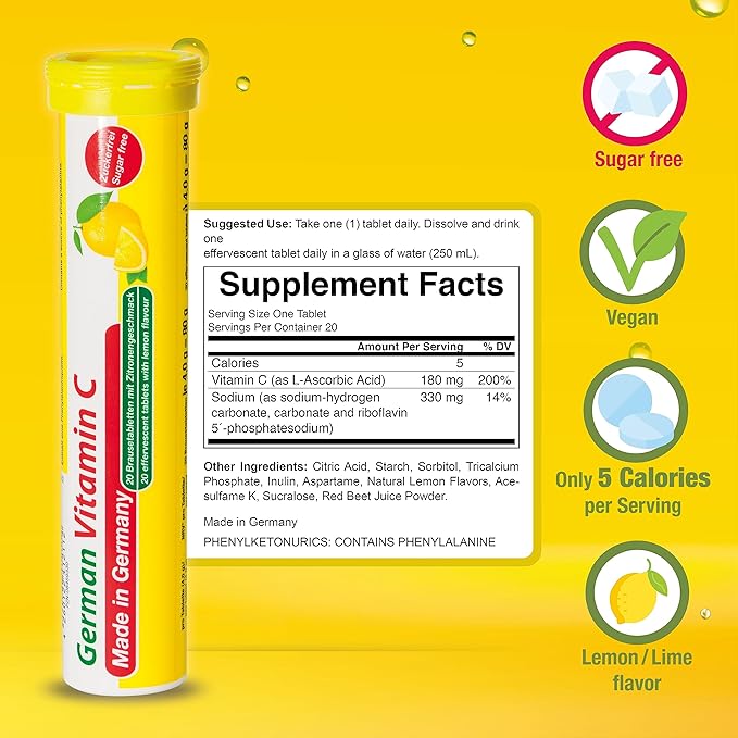 T&D German Vitamin C 180 mg - 140 Vegan Drink Effervescent Tablets - Lemon Lime Flavor - Made in Germany