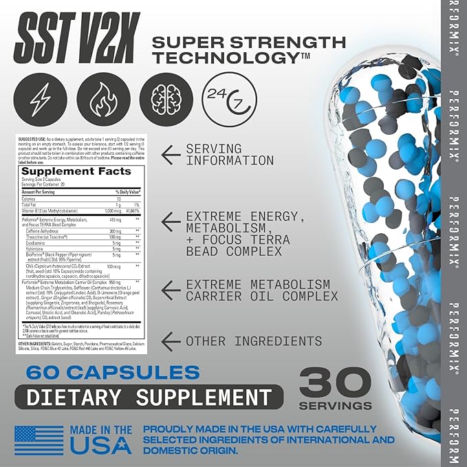 PERFORMIX - SST V2X - Pre Workout - 300 mg Caffeine - Energy Supplements - No Crash - Thermogenic - Nootropic - Timed-Release for All Day Focus, Mood & Energy Boost - Men & Women - 120 Capsules