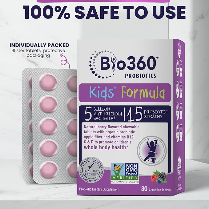 Kids Probiotic Supplement, Daily Support for Kid's Gut, Immune, Brain & Whole Body Health, 15 Strains 5 Billion CFU, Organic Prebiotic Apple Fiber, 30 Chewable Mixed Berry Flavor
