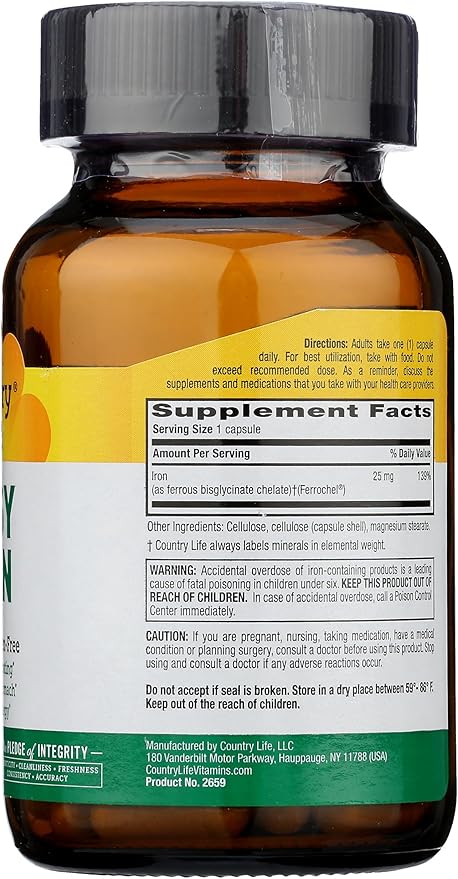 Country Life Easy Iron 25mg Capsules - Gentle Non-Constipating Ferrochel - Vegan Vitamin Supplement for Women & Men - Supports Body Energy - Multivitamin with Iron