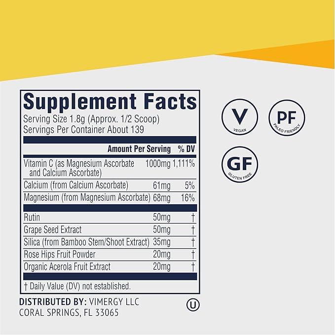 Vimergy Micro-C Immune Power TM *- 250g– 139 Servings – 1000mg/serving – Gentle Form – Antioxidant Phytonutrients – Immune & Nerve Support – Benefits Bone & Cartilage – Gluten-Free – Kosher – Vegan