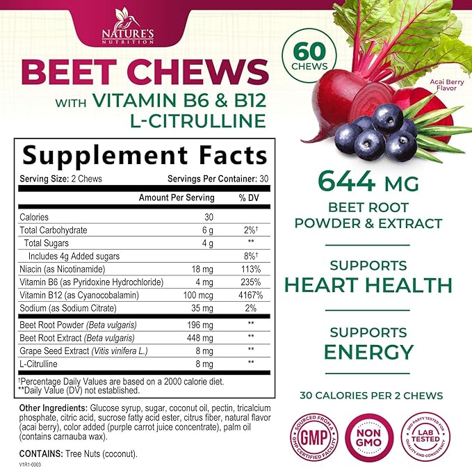 Beet Chews - Soft Beet Root Chewables with Grape Seed Extract Supports Heart Health & Energy with Powerful Antioxidants - Nature's Beetroot Nitric Oxide Supplement, Berry Flavor - 60 Vegan Soft Chews