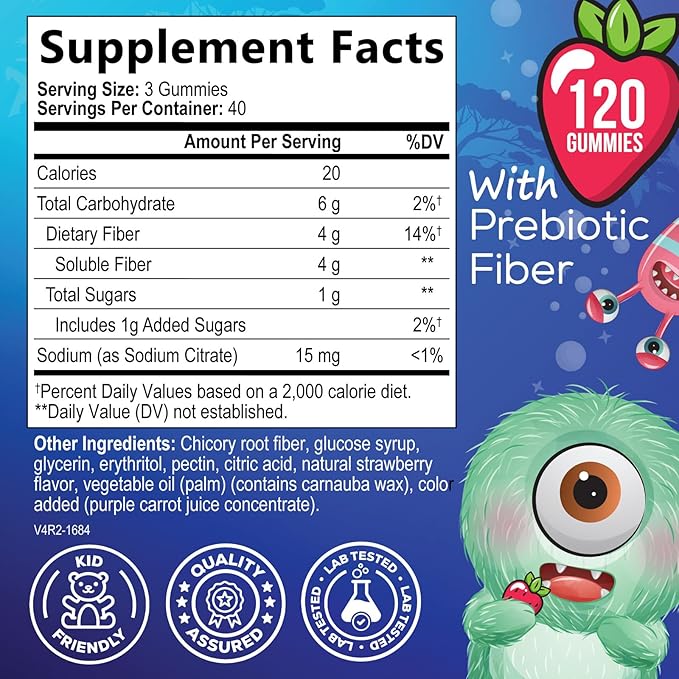Fiber Gummies for Kids Supplement - Daily Prebiotic Fiber for Kids, Supports Regularity, Digestive Health & Immune Support, Nature's Plant Based Chicory Root Vitamins, Vegan, Berry Flavor, 120 Gummies