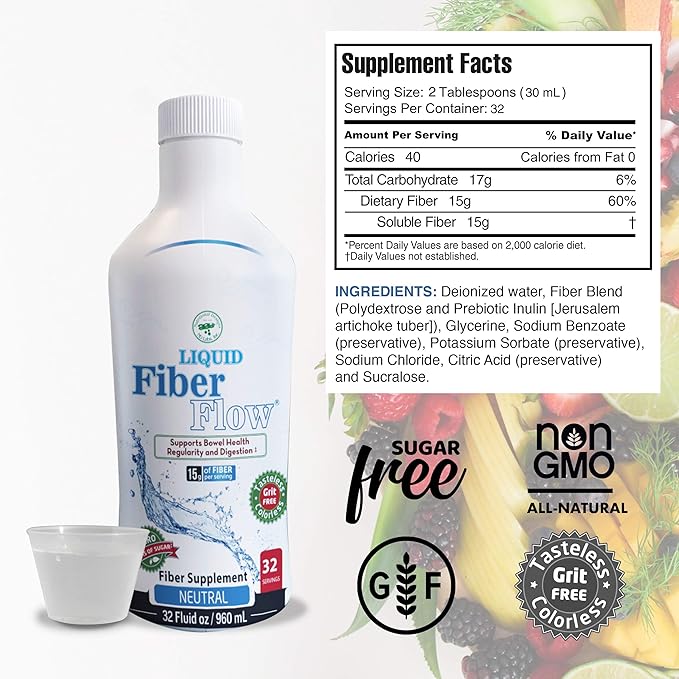 Nutritional Designs Liquid Fiber Flow Sugar-Free Prebiotic Inulin Fiber Supplement, All Natural Bowel Regularity Drink for Healthy Intestinal Balance, 100 Packets