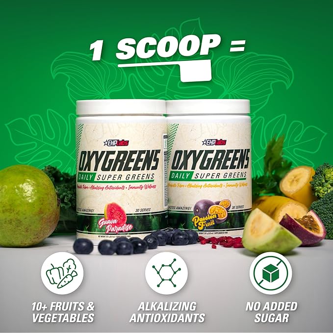 EHP Labs OxyGreens Super Greens Powder - Spirulina & Chlorella Superfood, Green Juice Powder & Greens Supplements with Prebiotic Fibre, Antioxidants & Immunity Support, 30 Serves (Lychee)