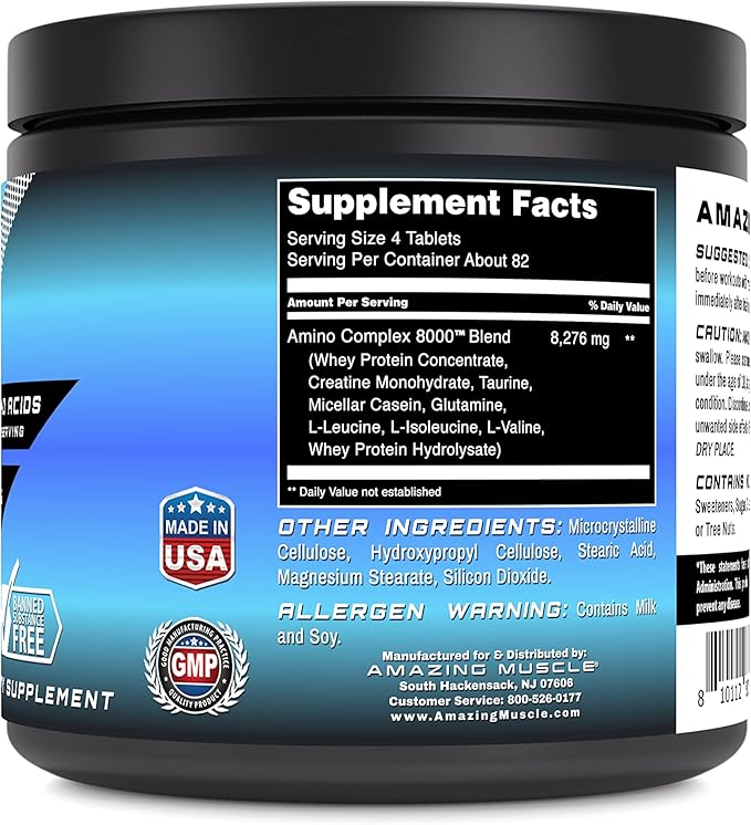 Amino Complex Supplement | 8000 Mg Per Serving | 325 Tablets | Formula with Taurine, Creatine, L-Glutamine, Whey Protein, & BCAA's