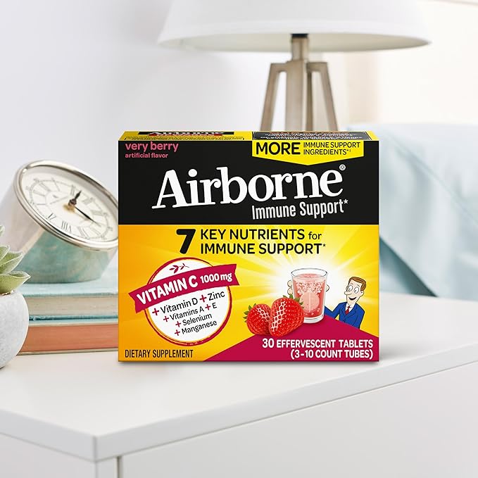 Airborne 1000mg Vitamin C with Vitamin D & Zinc, SUGAR FREE Multivitamin Immune Support Supplement, Antioxidants Vitamins A C & Vitamin E, 30 Effervescent Tablets, Very Berry Flavor