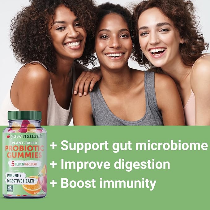 Yuve Vegan Probiotic Gummies, Probiotics for Women & Men, Sugar & Gluten-Free Gummy Probiotics, Digestive & Immune Support, 5 Billion CFU, Helps with Constipation, Bloating & Leaky Gut, Non-GMO - 60ct