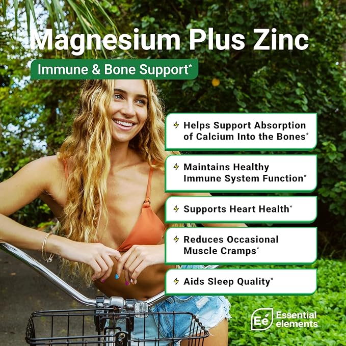Essential Elements Magnesium & Zinc with Vitamin D3 for Sleep Immune & Bone Support - Magnesium Glycinate, Malate, Citrate 225mg - Triple Magnesium Supplement for Women and Men - 6 Month Supply